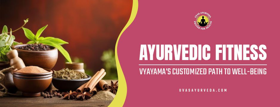 Image of Ayurvedic ingredients with text ‘Ayurvedic Fitness - Vyayama’s Customized Path to Well-being